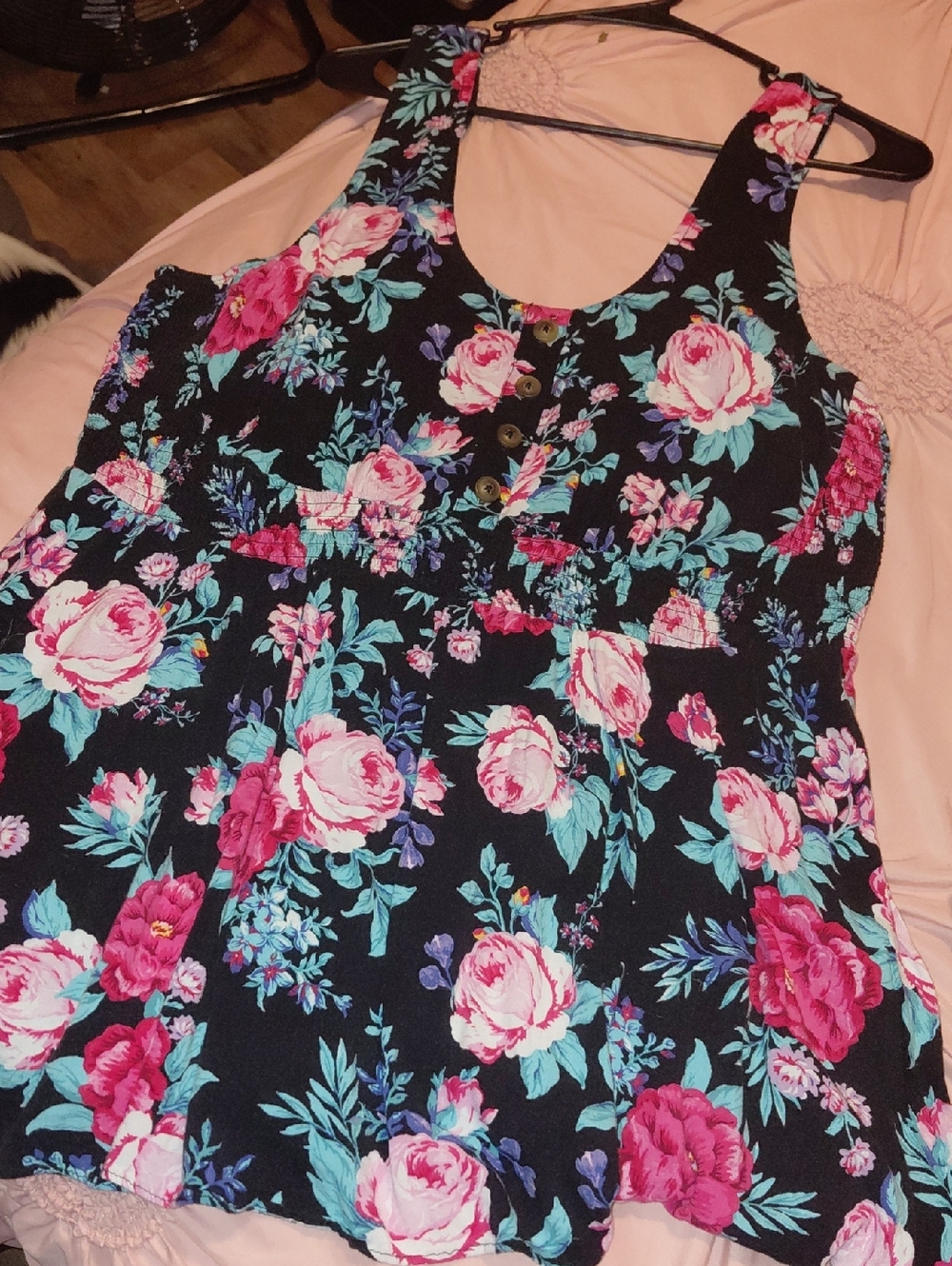 torrid Black Floral Tank Top with Pink & Teal Flowers